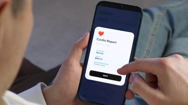Close-up of a patient using a health app to review heart, lung, and eye reports. Clean UI or UX design showcasing digital healthcare trends. Perfect for health tech, telemedicine, and medical software