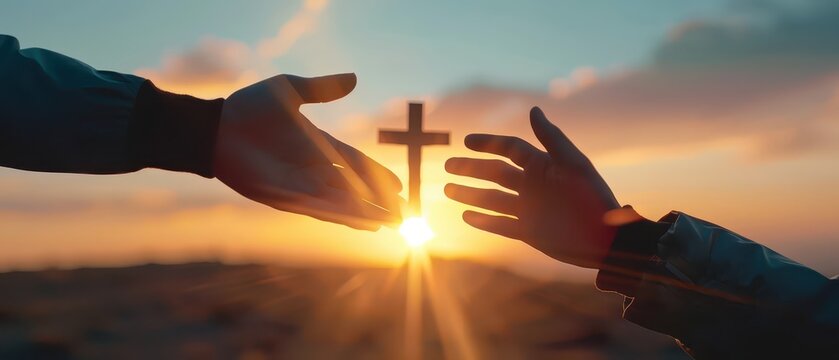 Silhouetted hands forming protective frame around cross at glowing sunset. Concept of faith, hope, guidance, spirituality and divine protection.