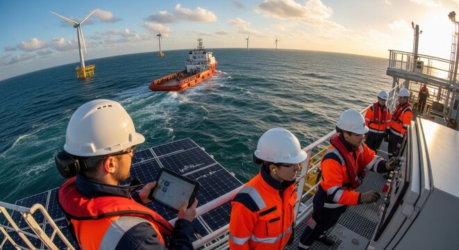 Engineers inspecting offshore wind turbines from a service vessel deck at sunrise