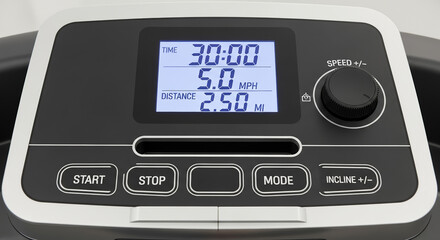 Fototapeta premium Treadmill console display with digital metrics showing workout time, speed, and distance. Treadmill console features start stop mode incline controls for exercise.
