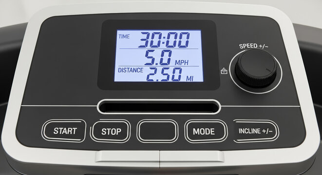 Treadmill console display with digital metrics showing workout time, speed, and distance. Treadmill console features start stop mode incline controls for exercise.
