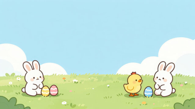 Cute bunny and chick gathering decorated easter eggs in sunny meadow with clouds and flowers creating joyful springtime scene