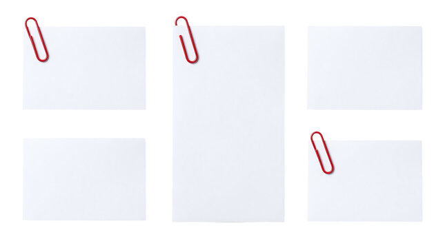 Five blank white paper notes clipped with red paperclips, isolated on a clean transparent background