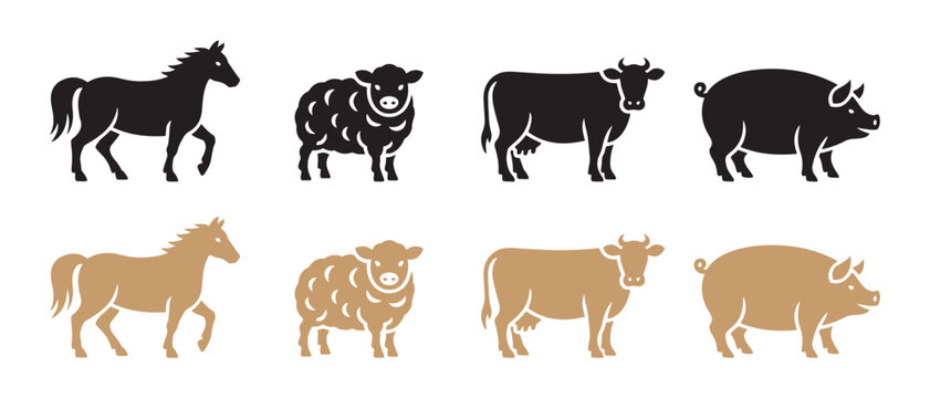 Farm Animals Icon Set. Horse, Sheep, Cow, Pig Silhouettes in Black and Brown Vector Collection.
