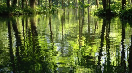 Tranquil Forest Reflection in Still Water Surrounded by Lush Greenery and Trees Under Bright Sunlight, Evoking Peaceful Nature Vibes