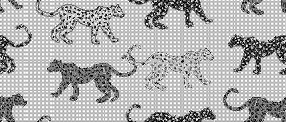 Monochrome fabric pattern featuring various black and white cheetahs walking on textured grey background with subtle grid design © Over View