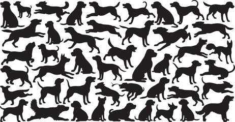 Obraz premium Extensive Collection of Playful Dog Silhouettes in Various Dynamic Poses and Actions, Black Vector Set