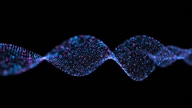 A 3D wave of blue particles flows horizontally across a dark background from left to right in a vibrant display.