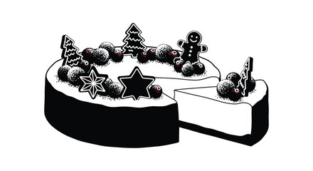 A festive black and white illustration depicts a christmas cake adorned with treats a striking silhouette high quality professional detailed © jivect02