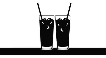 Two glasses filled with a dark liquid and ice featuring straws depicted as a striking silhouette high quality © jivect02