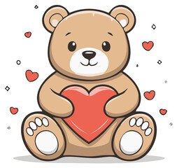 Obraz premium Cute cartoon teddy bear holding a large red heart surrounded by smaller hearts and sparkles