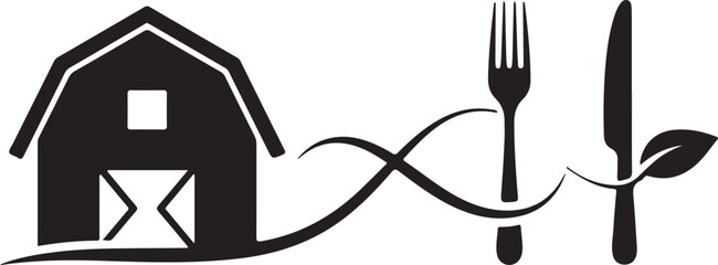 Farmhouse and cutlery intertwined with vine and leaves on transparent background