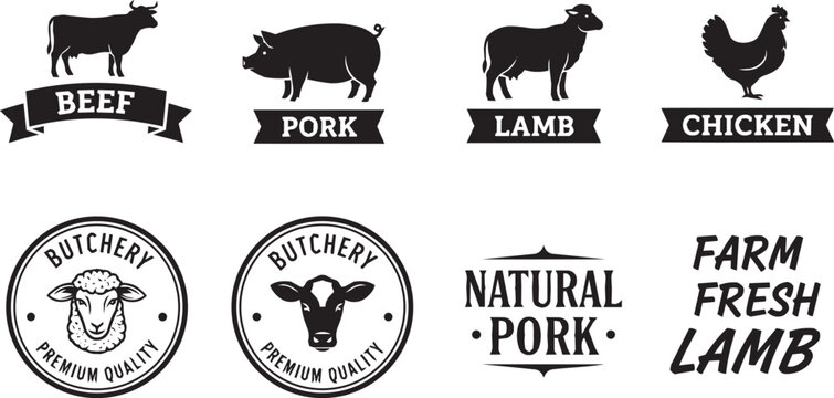 Farm Fresh Meat Labels: Beef, Pork, Lamb, Chicken Silhouettes with Ribbons and Seals
