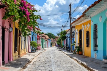 Fototapeta premium Vibrant colorful street with flowers and buildings in a small town or village