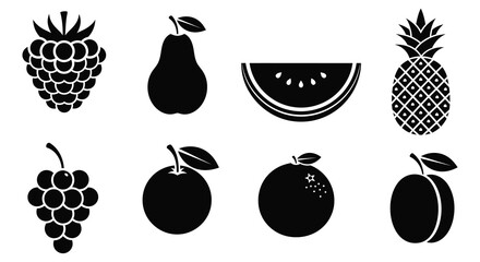 A collection of various fruits depicted in a bold black style creating a striking silhouette high quality professional © jivect02