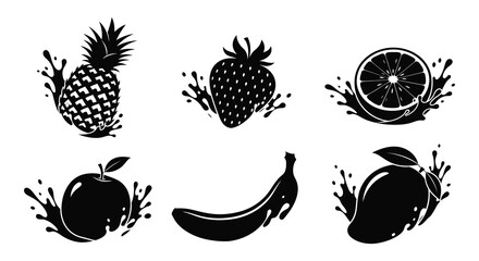 A collection of vibrant fruit illustrations including pineapple strawberry orange apple banana and mango in silhouette high quality © jivect02