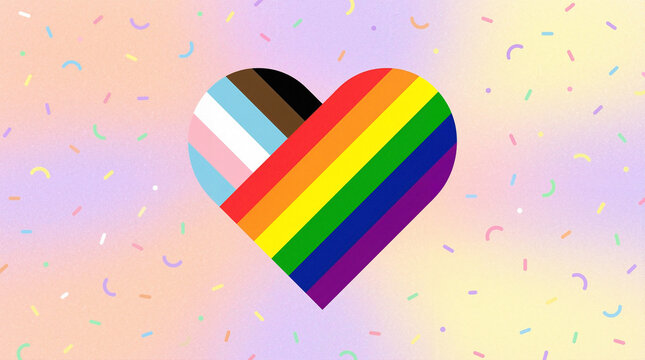 Inclusive Progress Pride flag heart on pastel confetti background