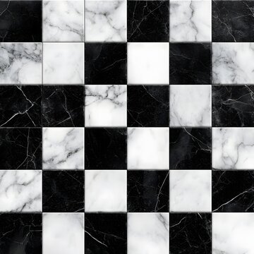 Black and white marble tiles forming a checkered floor pattern viewed from directly above in high resolution