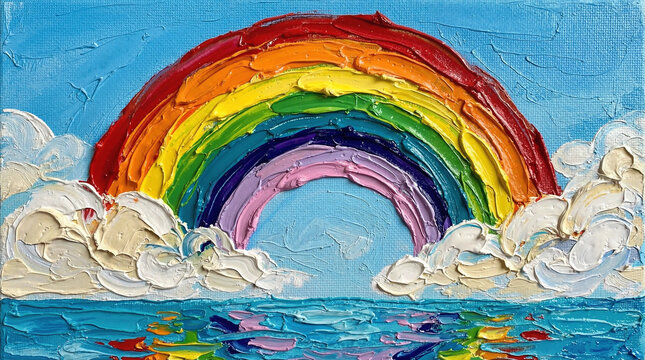Textured impasto oil painting of a rainbow over the sea with clouds