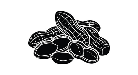 A striking black illustration depicts a cluster of peanuts both in shell and shelled in silhouette high quality © jivect02