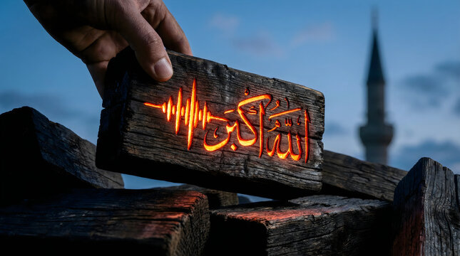 Glowing neon orange Arabic calligraphy of Allahu Akbar with soundwave symbol on a rustic dark brick wall, Islamic prayer audio concept.