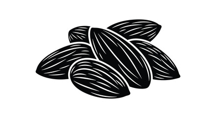 A striking black and white illustration depicts a cluster of almonds rendered with bold lines and a dramatic silhouette © jivect02