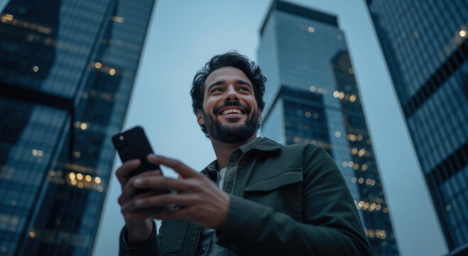 Joyful man smiling while using smartphone in modern city