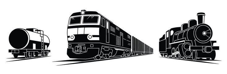 Train Engine Flat Vector Icons Set, Featuring Vintage Locomotive Silhouettes and Railway Transport Collection Perfect for Transportation Design, Travel Projects, and Creative Applications. © MSTRINA