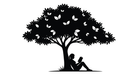 A person sits reading a book under the lush canopy of a large tree depicted as a striking silhouette © jivect02