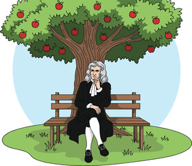 Isaac Newton sitting under an apple tree discovering gravity law illustration for historical science and physics education concepts