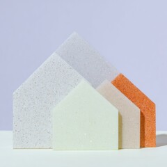 Growing business arrows symbolizing corporate expansion and success, group of layered geometric shapes for marketing banners with copy space on soft background