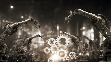 Industrial-themed background with robotic and automation visuals.