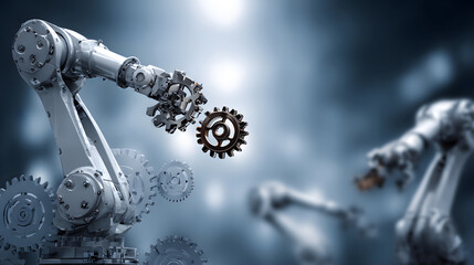 Industrial-themed background with robotic and automation visuals.