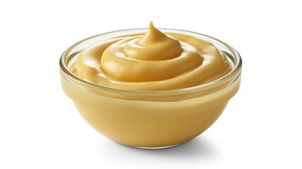A clear glass bowl filled with creamy yellow cheese sauce with a swirl on top image