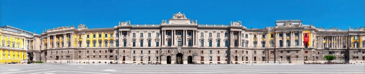 Obraz premium Grand royal palace with classical imperial architecture under a clear blue sky for European tourism and travel advertising, wide street level panorama exterior view