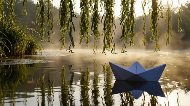 Solitary weathered tree by calm waters with reflections and hanging willows