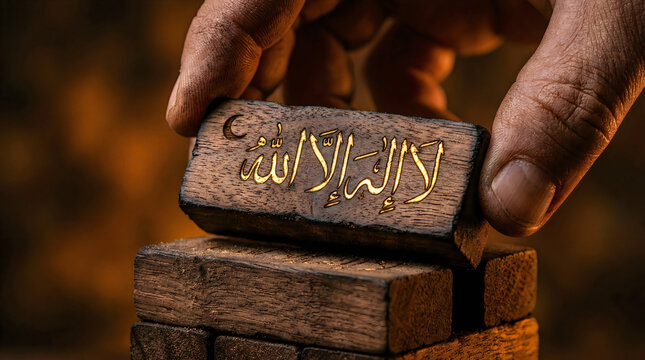 Close-up of a hand holding a wooden block with Arabic Hand placing a beautiful antique dark wooden block engraved with the Islamic Shahada Arabic calligraphy La ilaha illallah, meaning there is no god