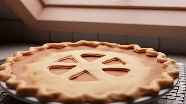 A freshly baked pie cooling on a rack by a window.