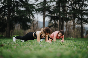 Obraz premium Two women perform planks on grass in a park for a fitness shoot. They train together outdoors, showing motivation and friendship.