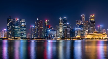 Vibrant city skyline illuminated at night with reflections on calm water