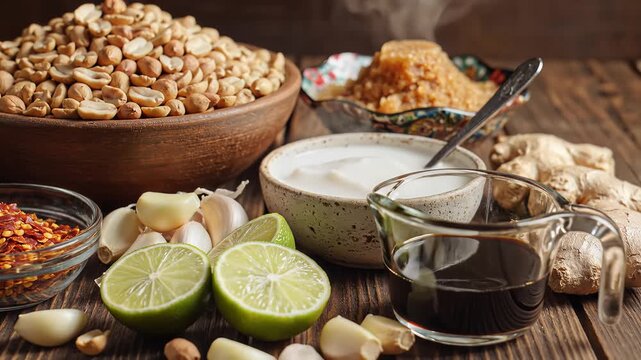 Close up of food ingredients peanuts spices and sauces on wooden surface