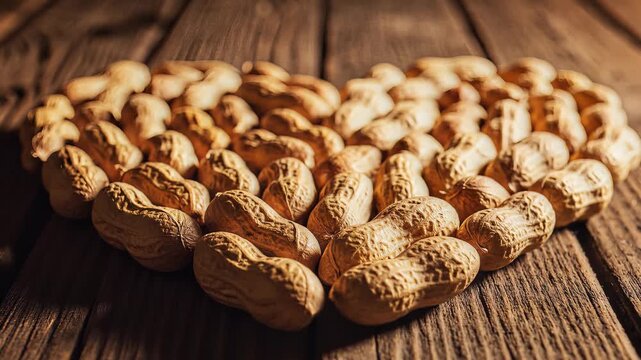 Heart shaped pile of peanuts on wooden surface