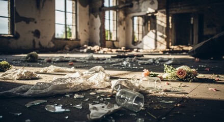 Scattered Debris Inside Abandoned Ruined Building