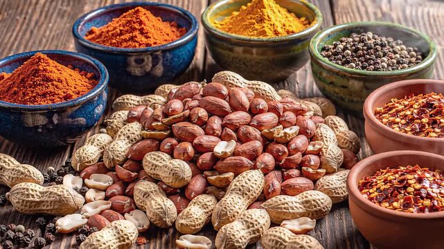 Variety of spices and peanuts arranged on wooden surface