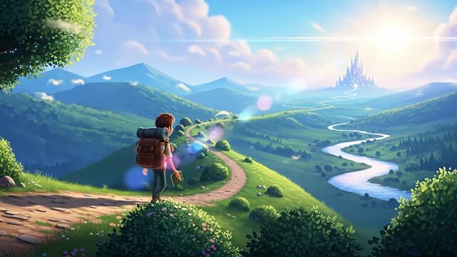 A lone traveler embarks on an epic journey through a vibrant, fantastical landscape, with a winding river and majestic mountains under a bright sky.