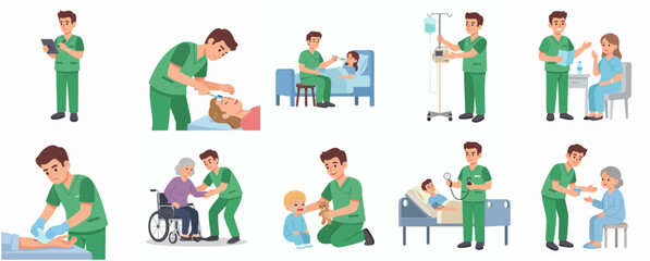 Fototapeta premium Flat Illustration of Various Activities Male Nurse Provides to Patient Care