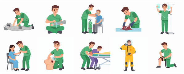 Naklejka premium Diverse Flat Illustration Medical Staff Performing Treatment in Various Emergency Situations