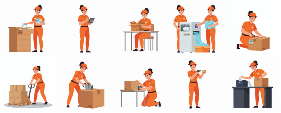 Cartoon Style Collection Of Delivery Woman Work Scene Illustration