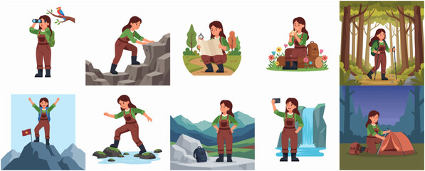 Cute Cartoon Woman Hiker Adventure in Nature and Mountain Illustration © Haimura