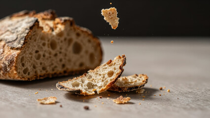 Crusty sourdough bread artisan loaf rustic slice food crumb texture golden crust porous interior breakfast scene delicious